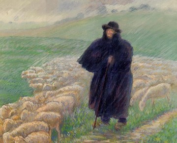 カミーユ・ピサロ Painting - 土砂降りの中の羊飼い 1889年 カミーユ・ピサロ